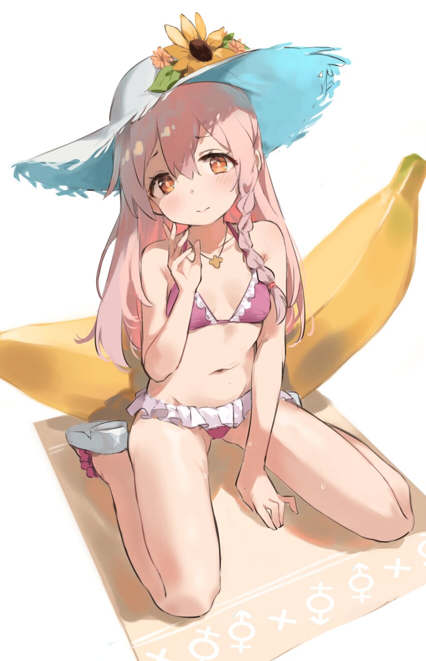1girl, absurdres, ahoge, banana, bikini, blush, braid, brown_eyes, cosplay, food, frilled_bikini, frills, fruit, genderswap, genderswap_(mtf), hair_between_eyes, hat, highres, little_witch_nobeta, long_hair, navel, nobeta, nobeta_(cosplay), onii-chan_wa_oshimai!, oversized_object, oyama_mahiro, pink_bikini, pink_hair, sandals, side_braid, simple_background, solo, sun_hat, swimsuit, timo_wei95, white_background, white_hat