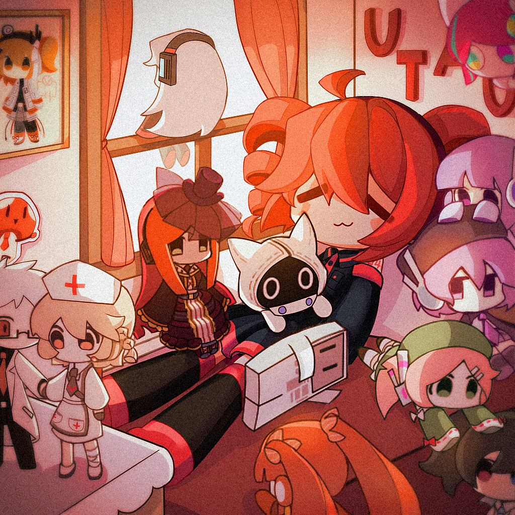 2boys, 2others, 6+girls, :3, a.i._voice, adachi_rei, ahoge, apron, aqua_hair, bandaged_leg, bandages, bedroom, belt, beret, black_dress, black_necktie, black_shirt, black_skirt, black_sleeves, blonde_hair, blue_eyes, blunt_bangs, blush_stickers, braid, cable, character_doll, character_request, chibi, chinese_commentary, closed_eyes, collared_shirt, copyright_name, cross, curtains, detached_sleeves, doll, dongfang_zhizi, dr._dareka, dress, drill_hair, facing_away, film_grain, glasses, green_eyes, green_skirt, green_sleeves, grey_skirt, hair_ornament, hair_ribbon, hairclip, hat, headlamp, headphones, heterochromia, holding_hands, jacket, jitome, kasane_teto, kasane_teto_(utau), koronba, koronba_4-gou, lab_coat, long_hair, mini_hat, mini_top_hat, momone_momo, multicolored_hair, multiple_boys, multiple_girls, multiple_others, namine_ritsu, necktie, no_mouth, nurse, nurse_cap, nurse_robot_type_t, on_bed, open_clothes, open_jacket, orange_eyes, orange_hair, parted_bangs, picture_frame, pink_hair, poyoroid, purple_eyes, purple_hair, purple_necktie, radio_antenna, red_cross, red_eyes, red_hair, red_necktie, ribbon, shirt, short_hair, side_braid, side_ponytail, sideways_glance, sitting_in_window, skirt, sleeveless, sleeveless_shirt, sleeves_past_fingers, sleeves_past_wrists, streaked_hair, sukone_tei, tareme, top_hat, twin_drills, twintails, utane_oto, utane_uta, utau, vocaloid, white_dress, white_hair, white_jacket, white_ribbon, window, xinganmingbai, yokune_ruko