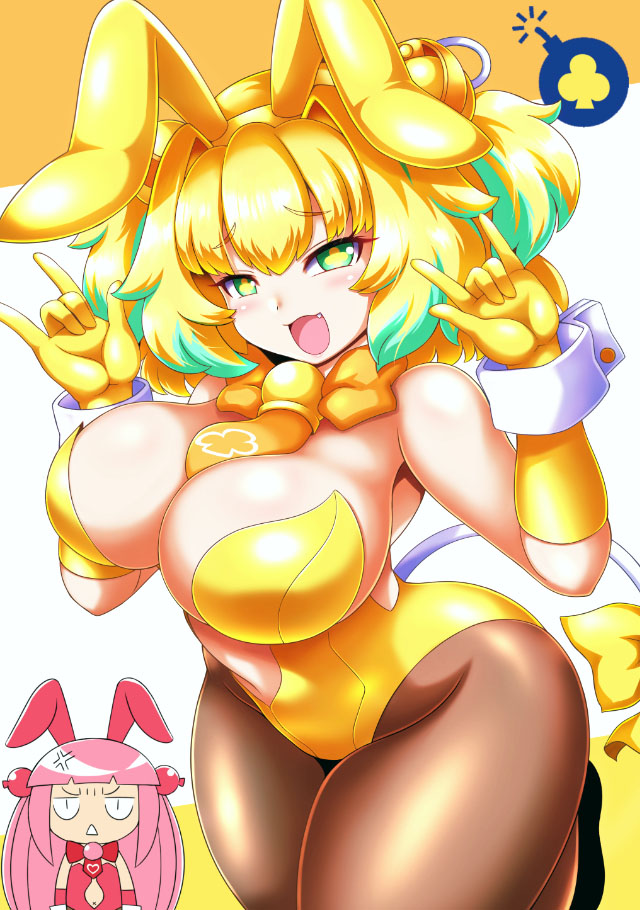 2girls, animal_ears, black_pantyhose, blonde_hair, blue_eyes, blue_hair, bomb, bombergirl