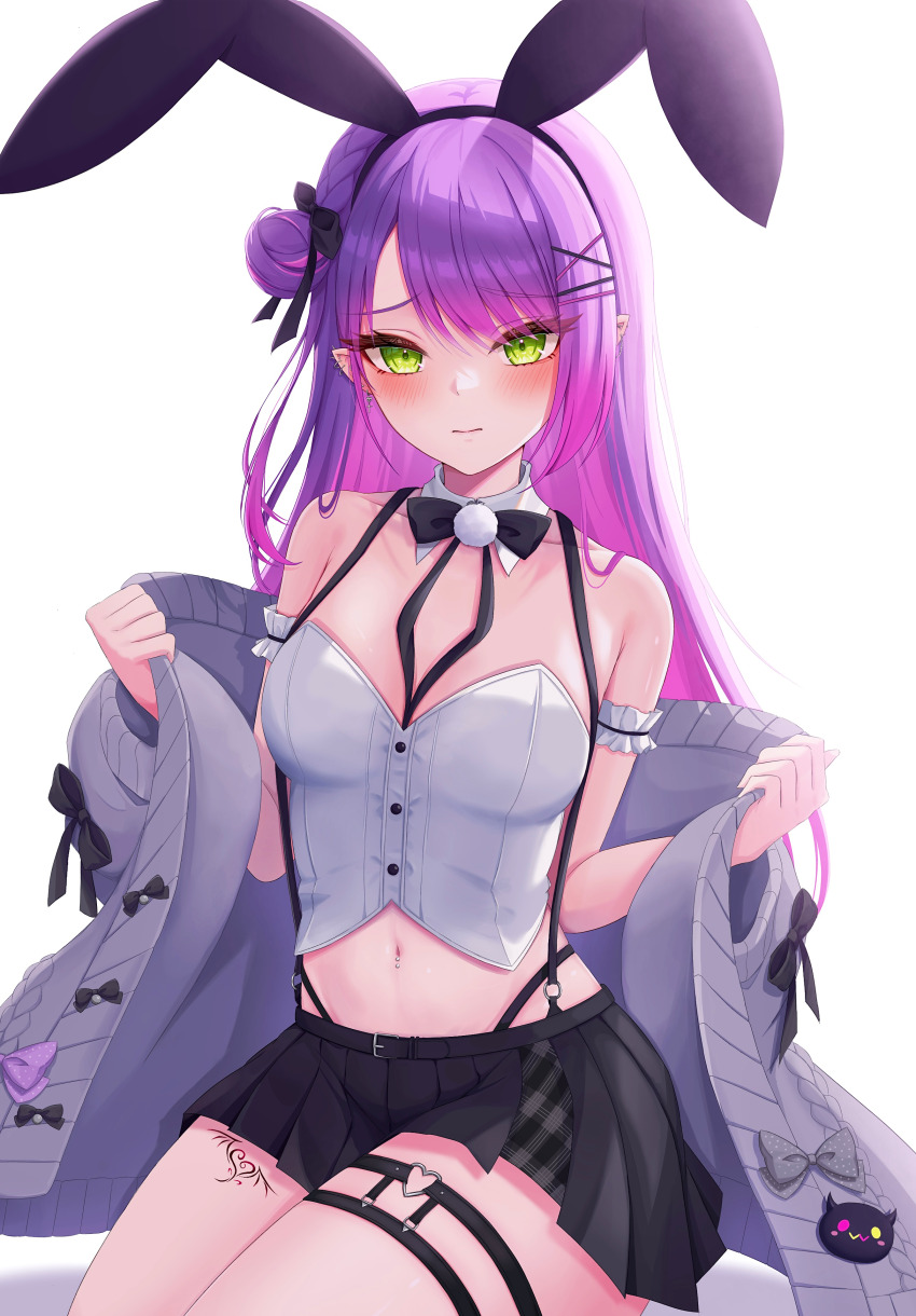 1girl, absurdres, animal_ears, aran_sweater, arm_cuffs, bare_shoulders, black_bow, black_bowtie