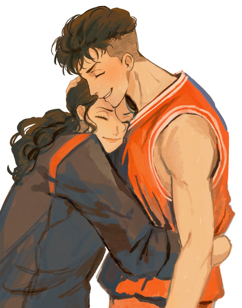 1boy, 1girl, ayako_(slam_dunk), basketball_jersey, basketball_uniform, black_hair, brown_hair, closed_eyes