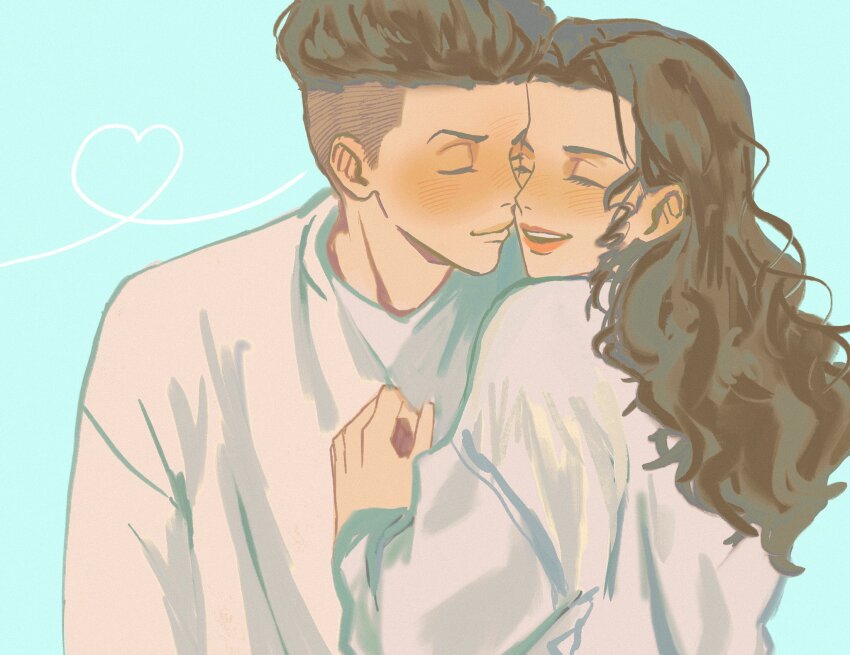 1boy, 1girl, ayako_(slam_dunk), black_hair, blue_background, closed_eyes, hetero, highres