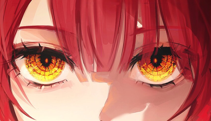1girl, 58_(opal_00_58), blunt_bangs, chainsaw_man, close-up, commentary, crystal_eye, eye_focus, eyelashes, hair_over_one_eye, highres, looking_at_viewer, makima_(chainsaw_man), nose, red_hair, ringed_eyes, sidelocks, solo, yellow_eyes