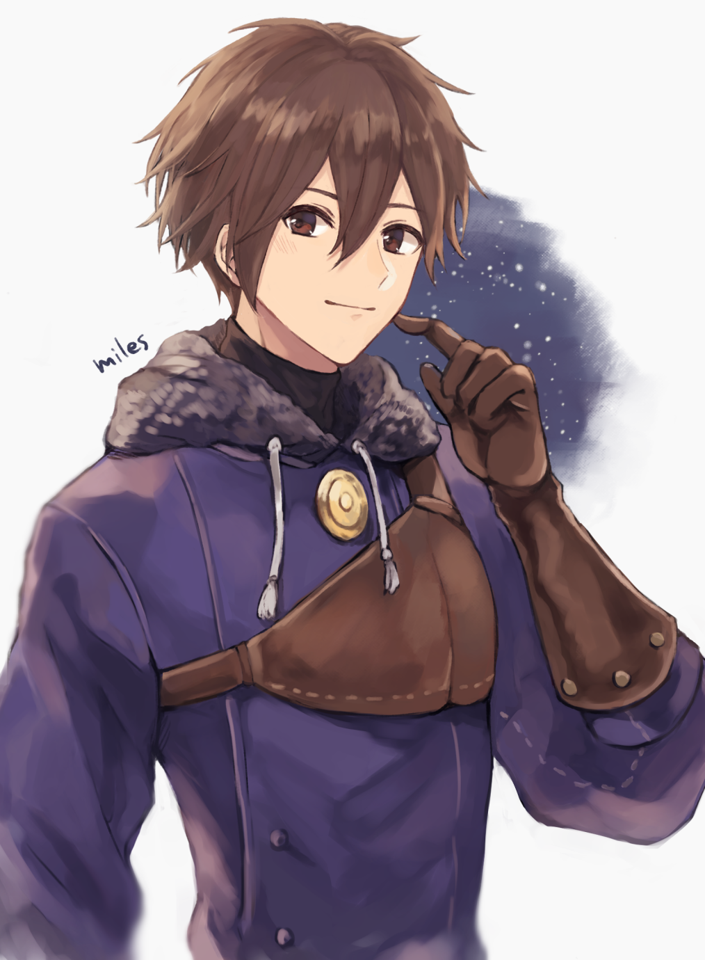 1boy, armor, blue_coat, blush, brown_eyes, brown_hair, character_name, coat