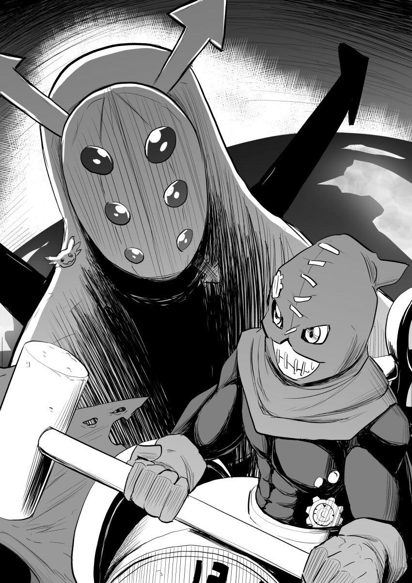 absurdres, clock, clockmon, digimon, digimon_(creature), digimon_ghost_game, highres, looking_at_another