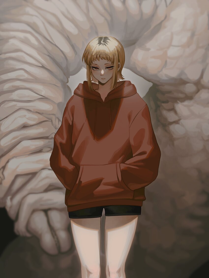 1girl, bad_dogz_(lnwbad_dogza007), black_shorts, blonde_hair, chainsaw_man, hands_in_pockets, highres, hood