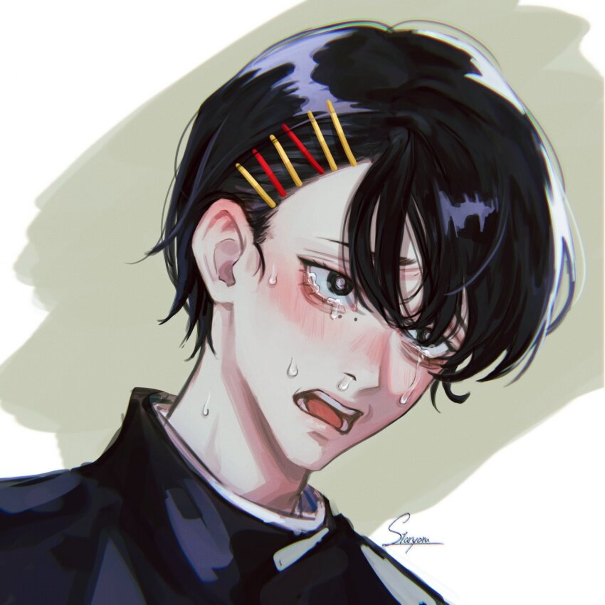 1boy, artist_name, black_hair, chainsaw_man, crying, crying_with_eyes_open, gakuran, hair_ornament