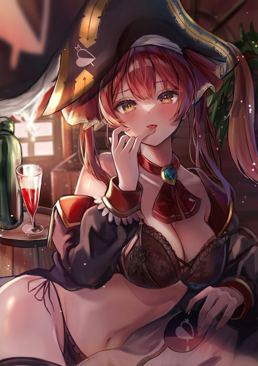 1girl, ascot, bare_shoulders, bicorne, black_bra, black_coat, black_hat, black_panties, blush, bra, breasts, brooch, cleavage, coat, hair_ribbon, hat, heterochromia, highres, hololive, houshou_marine, jewelry, lace, lace-trimmed_bra, lace-trimmed_panties, lace_trim, large_breasts, lingerie, long_hair, looking_at_viewer, navel, off_shoulder, panties, rachip, red_ascot, red_eyes, red_hair, red_ribbon, ribbon, solo, thighhighs, tongue, tongue_out, twintails, underwear, underwear_only, virtual_youtuber, yellow_eyes