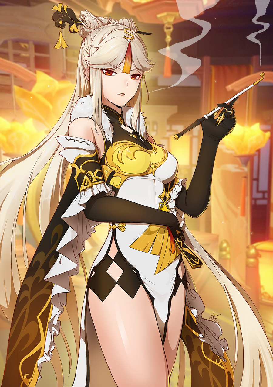 1girl, black_gloves, blurry, blurry_background, breasts, china_dress, chinese_clothes, claw_ring