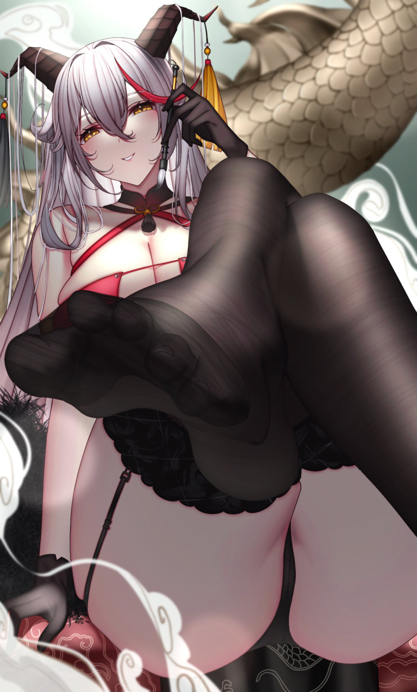 1girl, absurdly_long_hair, aegir_(azur_lane), aegir_(golden_dragon_among_auspicious_clouds)_(azur_lane), azur_lane, black_garter_straps, black_gloves, breasts, china_dress, chinese_clothes, cleavage, crossed_legs, demon_horns, dress, feet, foot_focus, garter_straps, gloves, hair_on_horn, hand_up, highres, holding, holding_brush, horn_ornament, horns, large_breasts, long_hair, looking_at_viewer, miyuki_(9029009), multicolored_hair, no_shoes, official_alternate_costume, paintbrush, red_hair, sitting, streaked_hair, thigh_strap, toes, very_long_hair, white_hair, yellow_eyes