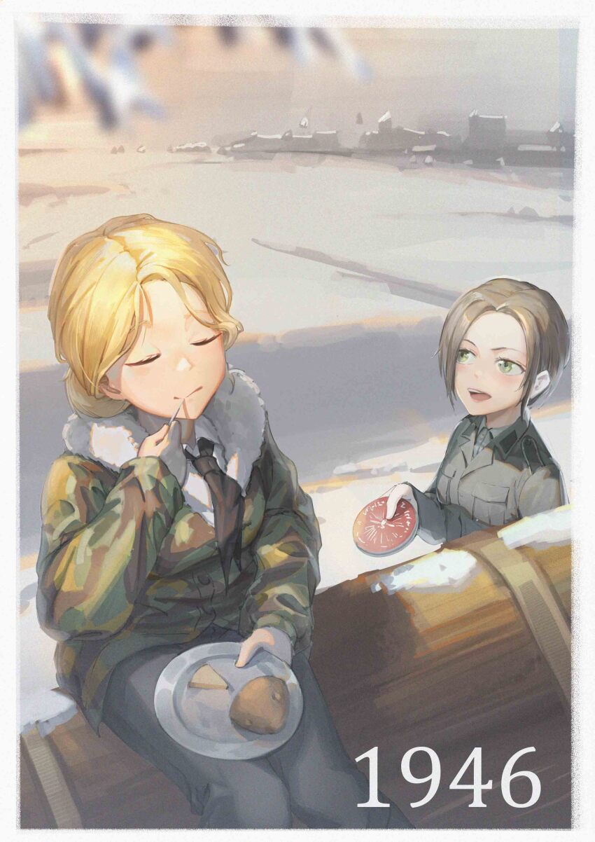 2girls, absurdres, brown_hair, commentary, commentary_request, english_commentary, erika_(sebastian_z), green_eyes