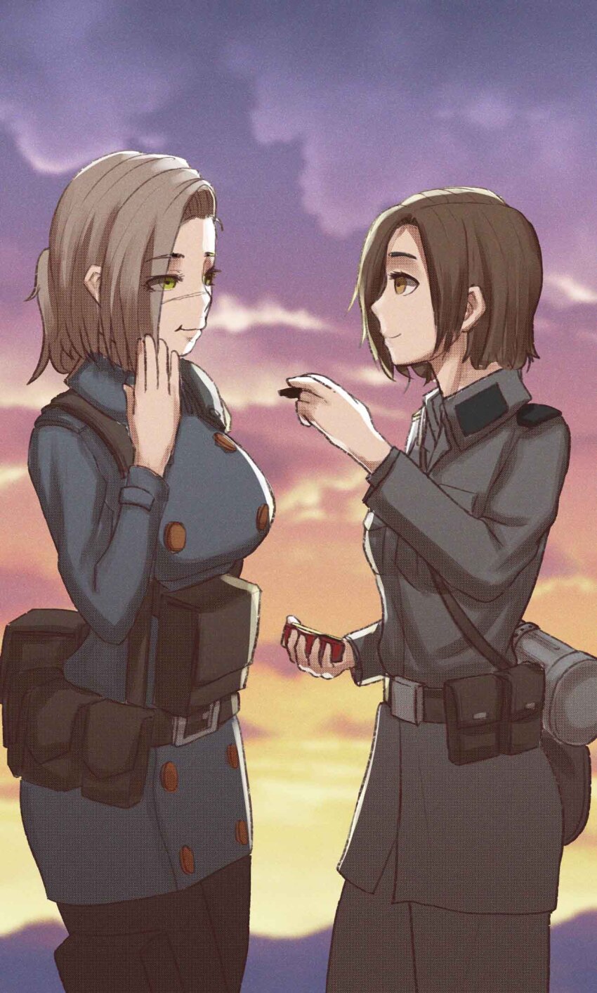 2girls, brown_hair, commentary, commentary_request, english_commentary, green_eyes, highres, johanna_(sebastian_z)