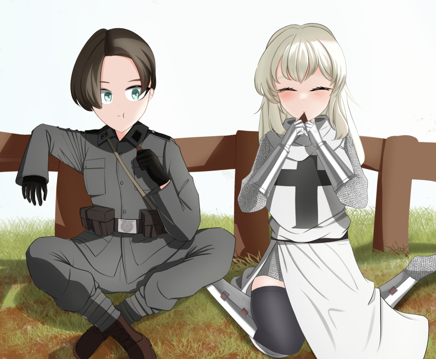 2girls, absurdres, brown_hair, commentary, commentary_request, english_commentary, green_eyes, highres