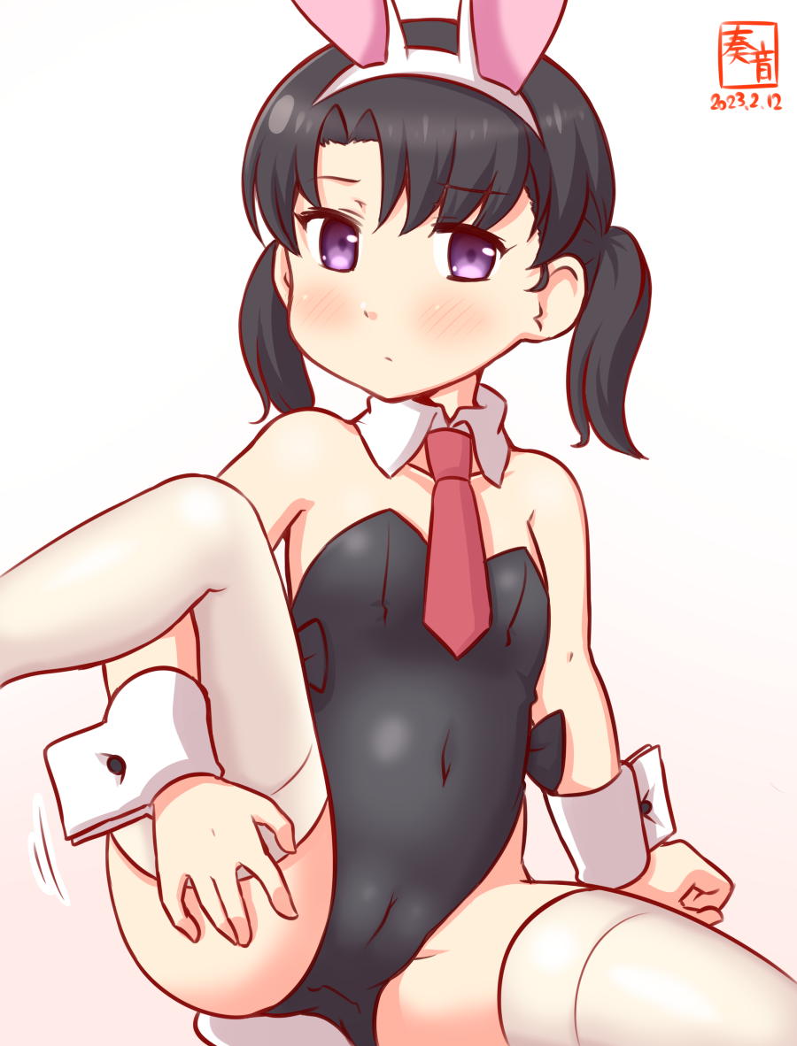 1girl, animal_ears, black_hair, black_leotard, blush, cameltoe, covered_navel, detached_collar