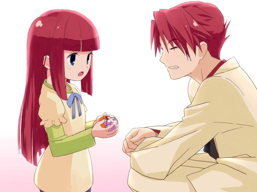 1boy, blue_eyes, brother_and_sister, c-lop, hair_bobbles, hair_ornament, red_hair, siblings