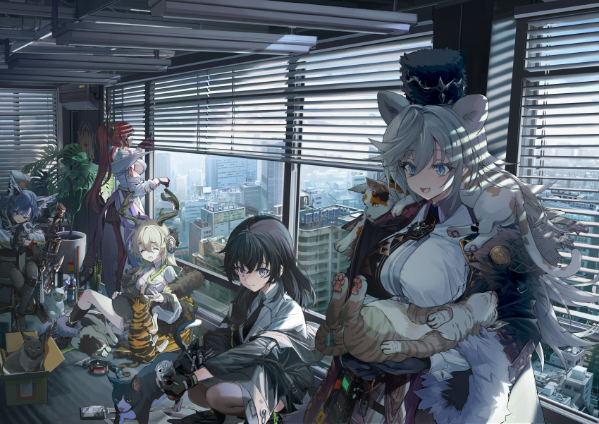 5girls, absurdres, aiken_(echocalypse), animal, animal_ear_fluff, animal_ears, animal_on_shoulder, antlers, bear_ears, bear_girl, black_footwear, black_gloves, black_hair, black_headwear, black_jacket, black_necktie, black_pantyhose, black_socks, blonde_hair, blue_eyes, blue_hair, box, breasts, can, canned_food, cardboard_box, cat, closed_eyes, closed_mouth, collared_shirt, commentary_request, deer_antlers, deer_ears, deer_girl, drink_can, earrings, echocalypse, facing_viewer, fangs, female_protagonist_(echocalypse), fenriru_(echocalypse), fur-trimmed_footwear, fur-trimmed_jacket, fur_trim, gloves, grey_hair, hair_ornament, highres, holding, holding_animal, holding_can, horns, id_card, indoors, jacket, jacket_partially_removed, jewelry, kneehighs, lanyard, long_hair, long_sleeves, looking_at_animal, looking_at_viewer, medium_breasts, medium_hair, multiple_girls, necktie, one_eye_closed, open_clothes, open_jacket, open_mouth, pantyhose, plant, ponytail, potted_plant, purple_eyes, red_eyes, red_hair, shirt, sideboob, sidelocks, sitting, smile, socks, soda_can, standing, sui_(echocalypse), veerinly, white_jacket, white_shirt, wide_sleeves, window, window_blinds, yulia_(echocalypse)