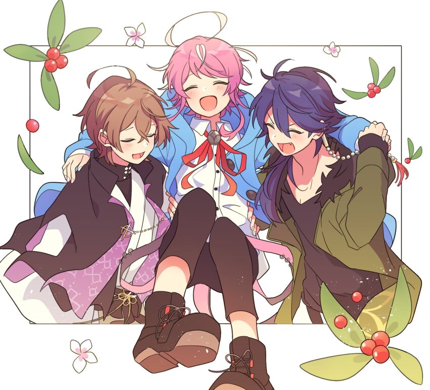3boys, ahoge, amemura_ramuda, androgynous, arisugawa_dice, blush, brown_hair, closed_eyes