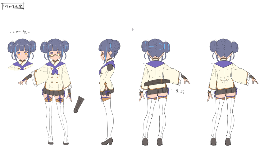 blue_neckerchief, blunt_bangs, bridal_gauntlets, buttons, closed_mouth, clothing_cutout, double-breasted, double_bun