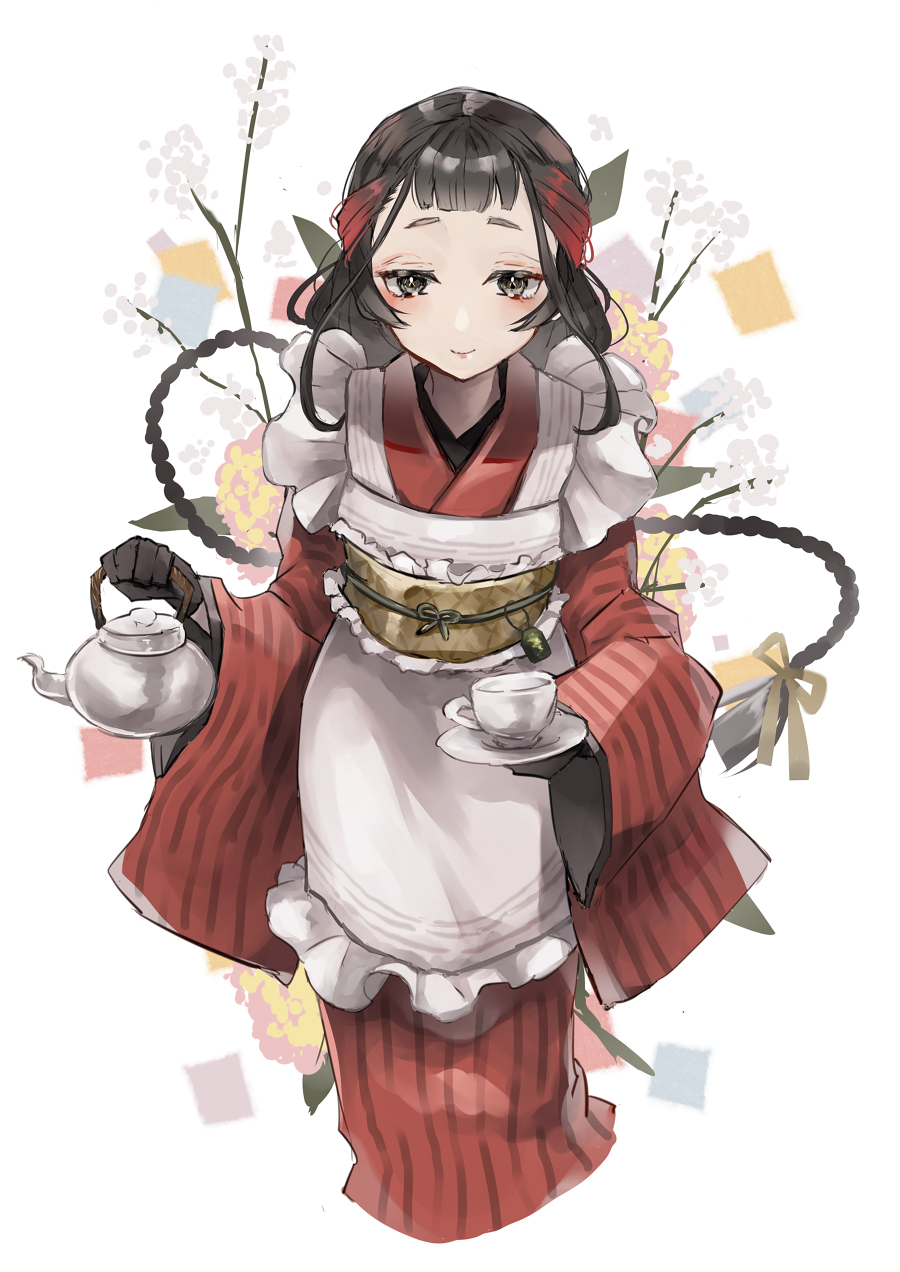 1girl, alternate_costume, apron, black_eyes, black_gloves, black_hair, braid, brown_hair