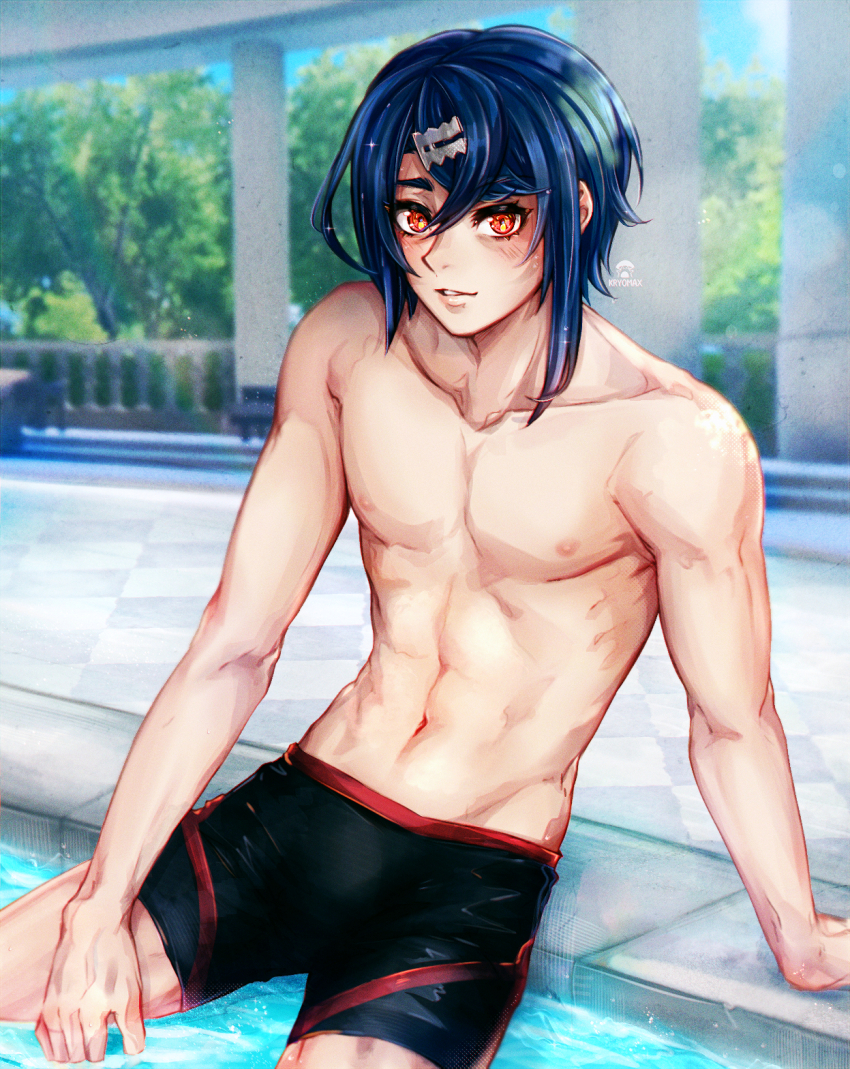 1boy, alcryst_(fire_emblem), black_shorts, blue_hair, commentary_request, fire_emblem, fire_emblem_engage, hair_between_eyes, hair_ornament, hairclip, highres, looking_at_viewer, male_focus, max_art149, nintendo, outdoors, parted_lips, poolside, red_eyes, short_hair, shorts, sitting, solo, topless_male, tree, water