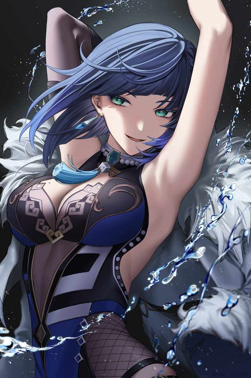 1girl, :d, armpits, arms_up, black_gloves, black_hair, blue_hair, blunt_bangs, breasts, cleavage, cleavage_cutout, clothing_cutout, coat, unworn_coat, dice, earrings, elbow_gloves, fur-trimmed_coat, fur_trim, genshin_impact, gloves, gradient_hair, green_eyes, highres, jewelry, large_breasts, looking_at_viewer, mole, mole_on_breast, multicolored_hair, open_mouth, roki_(shouka65), short_hair, single_glove, smile, solo, tassel, upper_body, water, yelan_(genshin_impact)