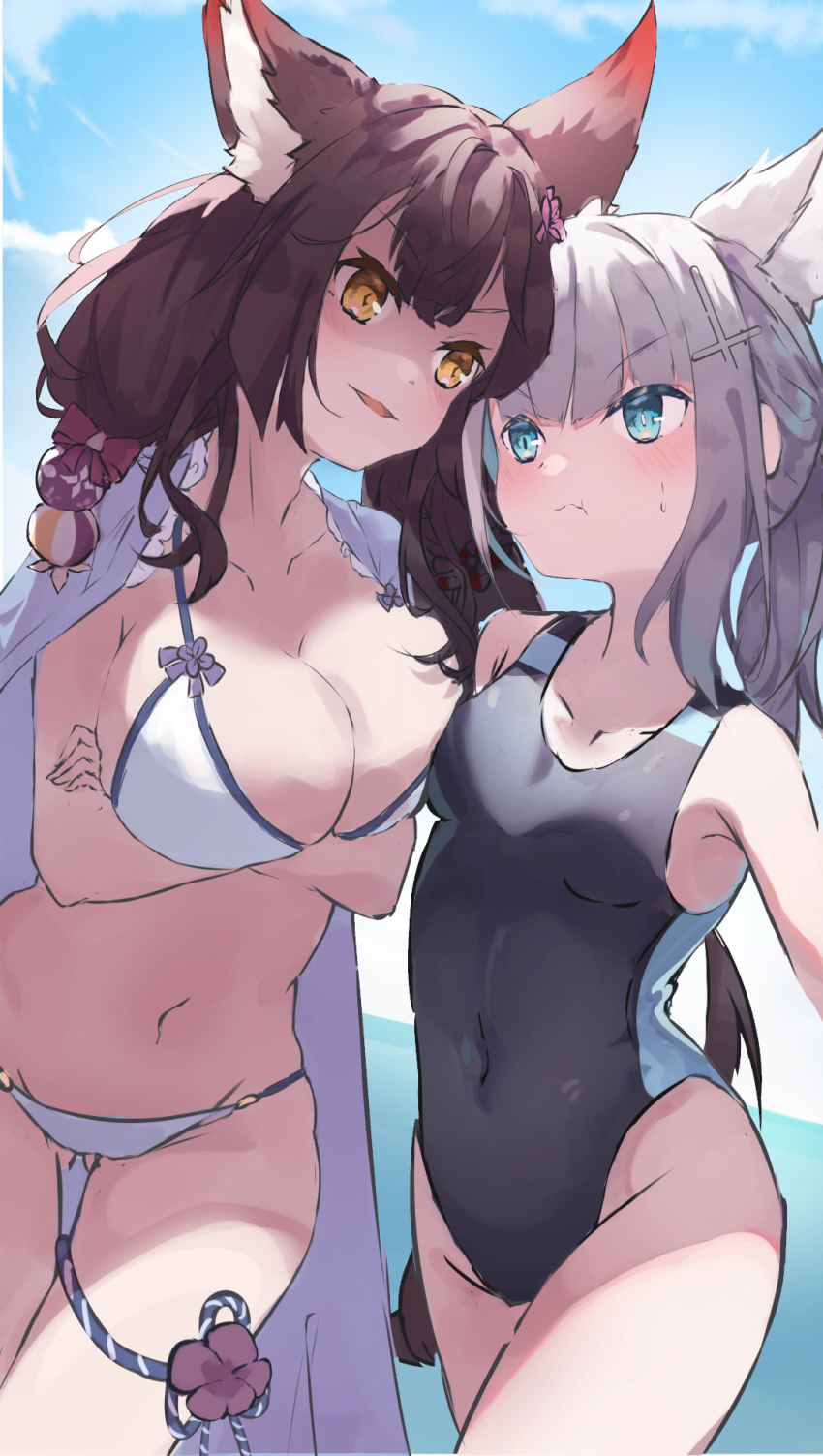 2girls, animal_ear_fluff, animal_ears, asymmetrical_bangs, asymmetrical_docking, bikini, black_hair, black_one-piece_swimsuit, blue_archive, blue_eyes, blunt_ends, breast_envy, breast_press, breasts, clothes_on_shoulders, colored_inner_hair, competition_swimsuit, covered_navel, cowboy_shot, cross_hair_ornament, crossed_arms, elxion, extra_ears, fox_ears, grey_hair, hair_ornament, halo, highres, large_breasts, low_ponytail, medium_hair, mismatched_pupils, multicolored_hair, multicolored_swimsuit, multiple_girls, one-piece_swimsuit, ponytail, red_hair, robe, shiroko_(blue_archive), shiroko_(swimsuit)_(blue_archive), small_breasts, string_bikini, swimsuit, two-tone_hair, wakamo_(blue_archive), wakamo_(swimsuit)_(blue_archive), white_bikini, white_robe, yellow_eyes