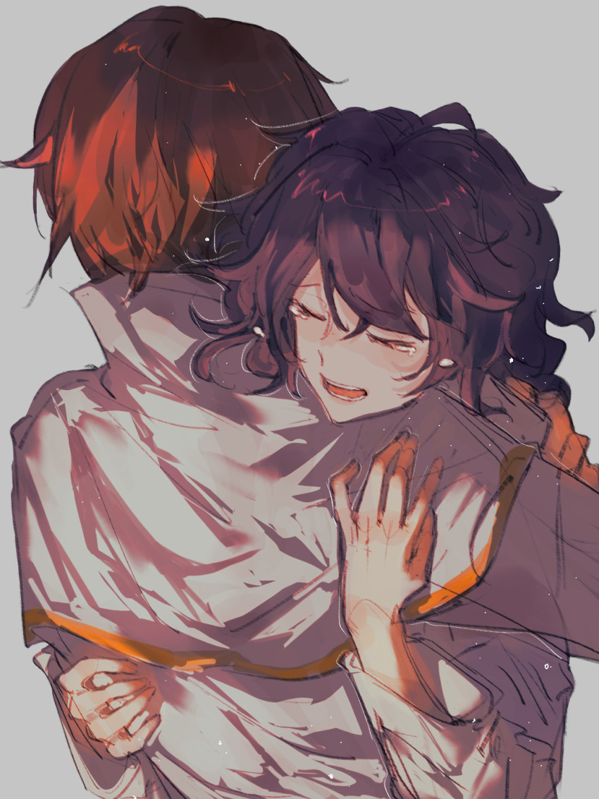 1boy, 1girl, ahoge, black_hair, brown_hair, capelet, chinese_commentary, closed_eyes