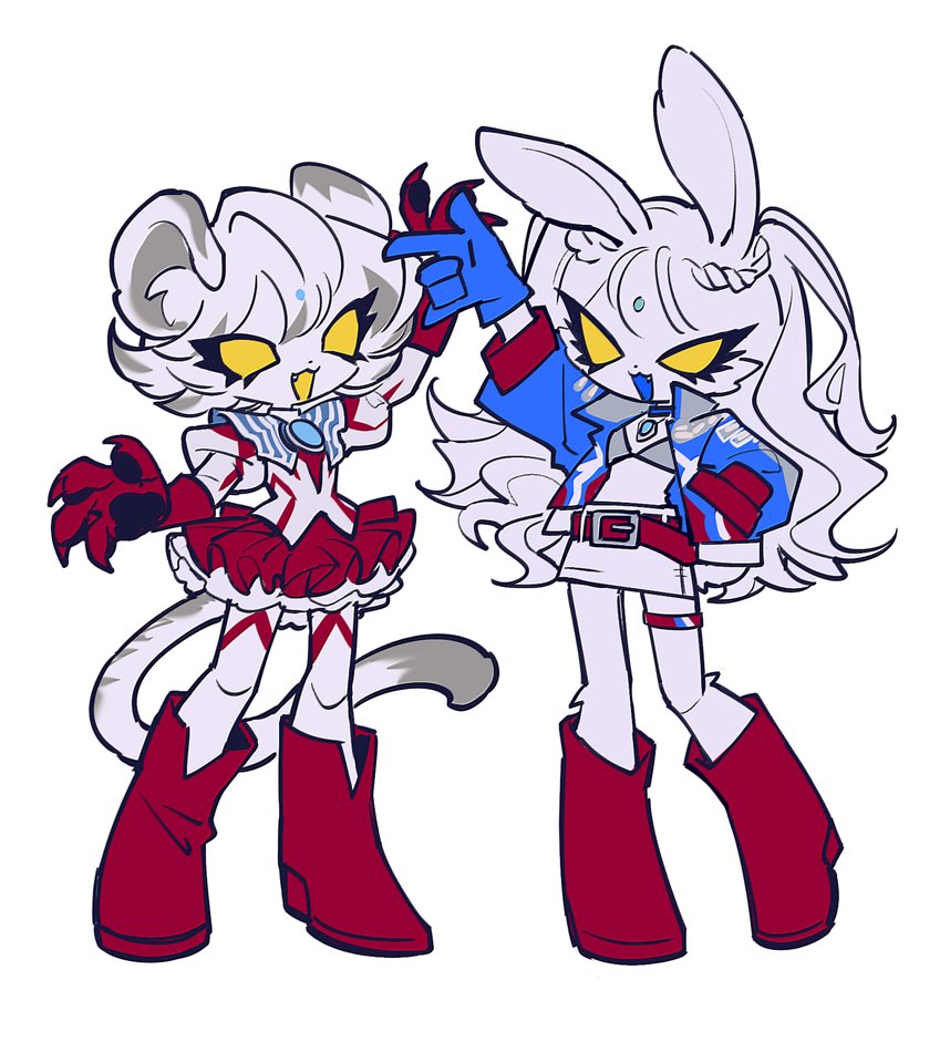 2girls, animal_ear_fluff, animal_ears, belt, bikini, blue_choker, blue_gloves, blue_jacket