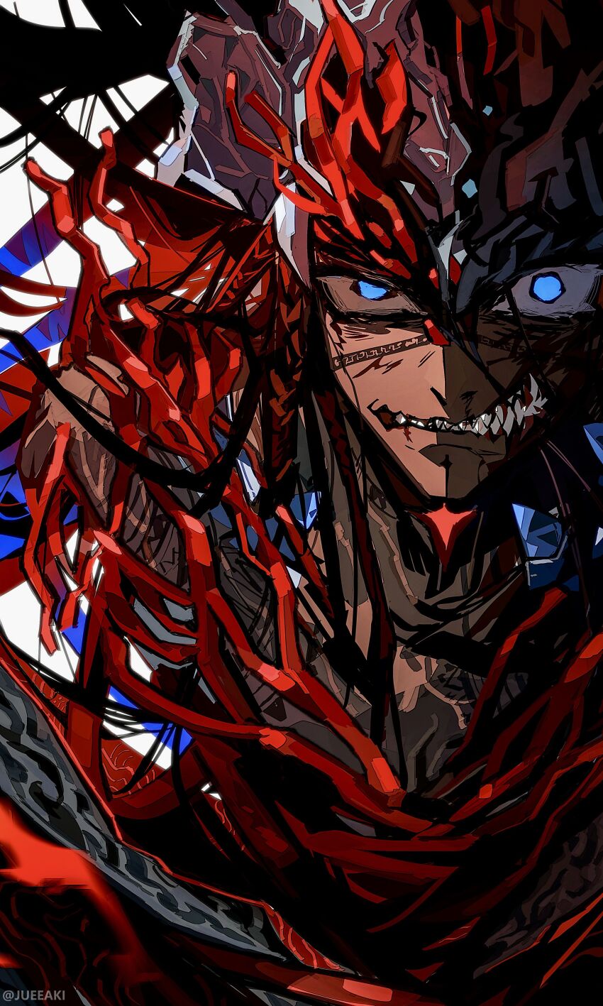 1boy, absurdres, black_hair, blood_vessels, blue_eyes, camazotz_(fate), clenched_teeth, crazy_eyes