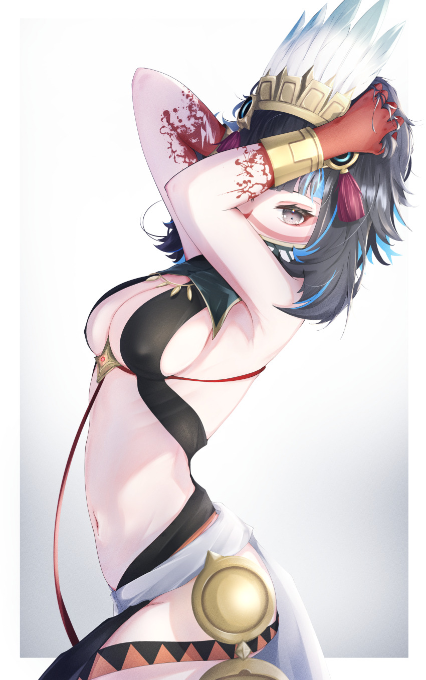 1girl, absurdres, black_hair, blood, blood_on_hands, blue_hair, breasts, fate/grand_order, fate_(series), grey_eyes, highres, medium_breasts, multicolored_hair, omaigoodgoodeat, one_eye_covered, revealing_clothes, solo, tenochtitlan_(fate), tenochtitlan_(first_ascension)_(fate)