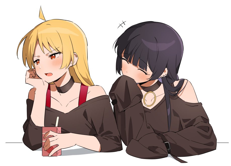 2girls, ^_^, black_hair, black_shirt, blonde_hair, blush, bocchi_the_rock!, closed_eyes