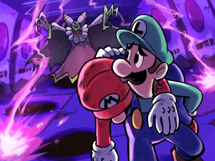 2boys, blue_overalls, boots, brothers, brown_footwear, cackletta, electricity, facial_hair