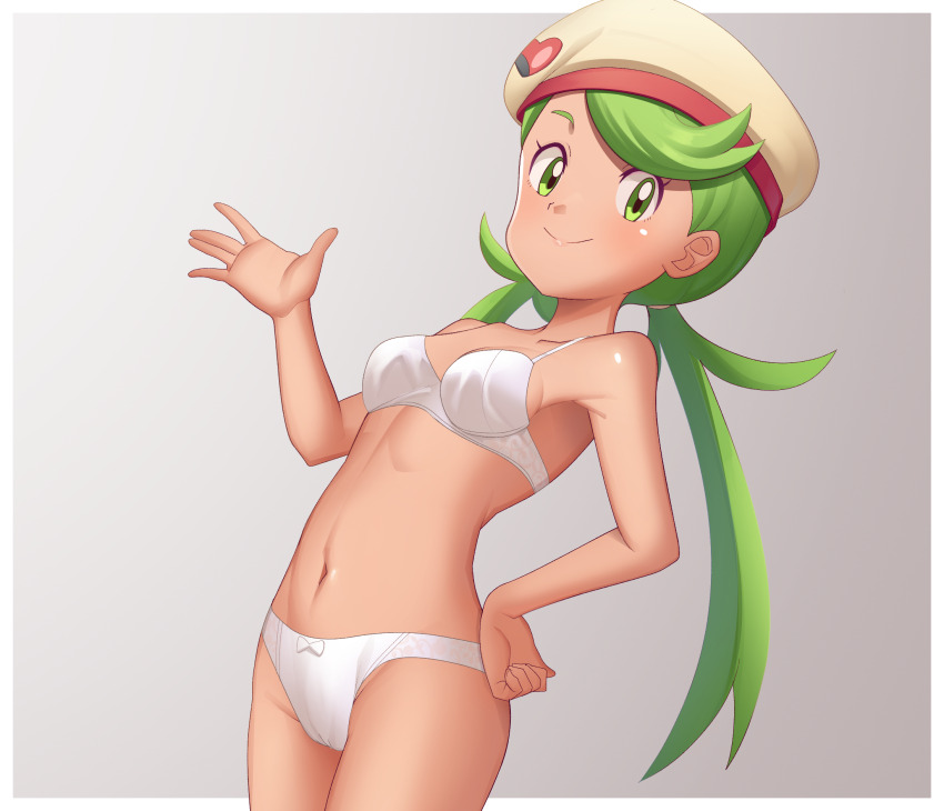 1girl, border, bra, breasts, chef_hat, closed_mouth, commentary_request, cowboy_shot, gazing_eye, green_eyes, green_hair, grey_background, hand_on_own_hip, hand_up, hat, highres, long_hair, looking_at_viewer, mallow_(palentine's_2023)_(pokemon), mallow_(pokemon), medium_breasts, navel, nintendo, official_alternate_costume, panties, pokemon, pokemon_masters_ex, smile, solo, swept_bangs, twintails, underwear, white_border, white_bra, white_panties