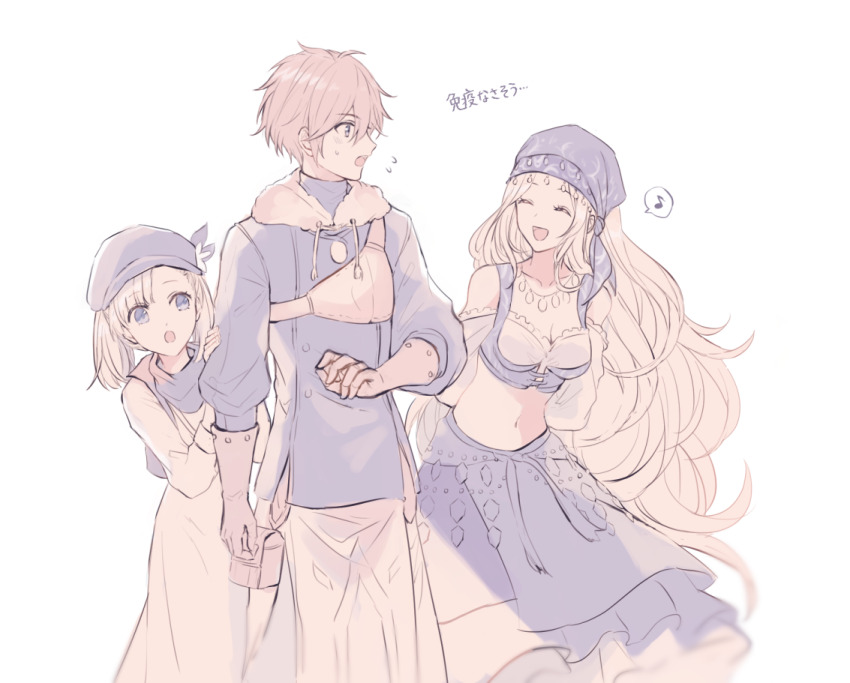1boy, 2girls, :d, :o, blonde_hair, blue_coat, blue_headscarf, blue_headwear, blush, breasts, brown_eyes, brown_hair, brown_vest, cleavage, clothing_cutout, coat, dress, elbow_gloves, flower, fur_trim, gloves, headscarf, height_difference, holding_another's_arm, jewelry, long_hair, looking_at_another, lynette_(octopath_traveler), medium_breasts, miles_(octopath_traveler), multiple_girls, musical_note, navel, navel_cutout, necklace, octopath_traveler, octopath_traveler:_champions_of_the_continent, open_mouth, pastel_colors, pia_(octopath_traveler), pouch, scarf, short_hair, simple_background, smile, spoken_musical_note, vest, white_dress, white_flower, wspread