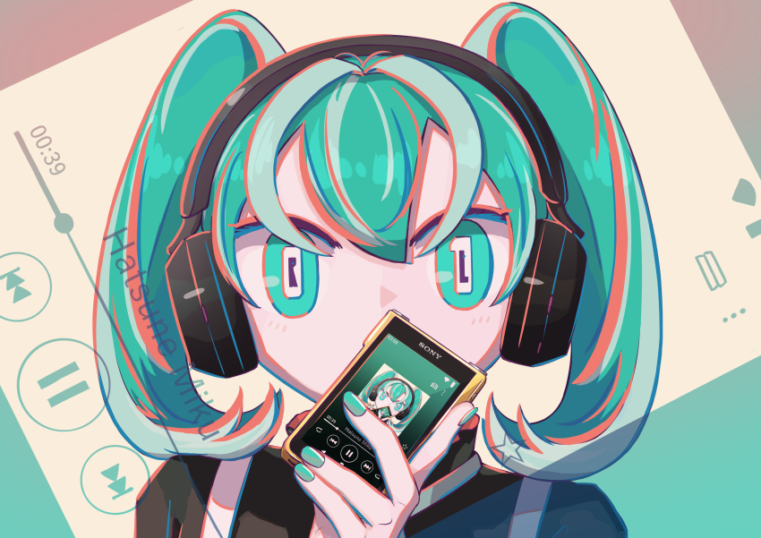 1girl, absurdres, aqua_eyes, aqua_nails, avogado6, black_shirt, character_name, covering_own_mouth, mp3_player, hair_between_eyes, hand_up, hatsune_miku, headphones, highres, light_blush, looking_at_viewer, multicolored_hair, number_in_eye, pink_hair, portrait, recursion, romaji_text, shirt, short_twintails, sony, streaked_hair, suspenders, symbol-shaped_pupils, twintails, user_interface, vocaloid, walkman, wide-eyed