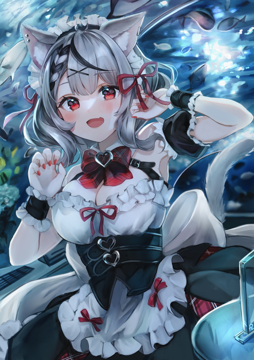 1girl, :d, alternate_costume, animal_ear_fluff, animal_ears, apron, aquarium, armpits