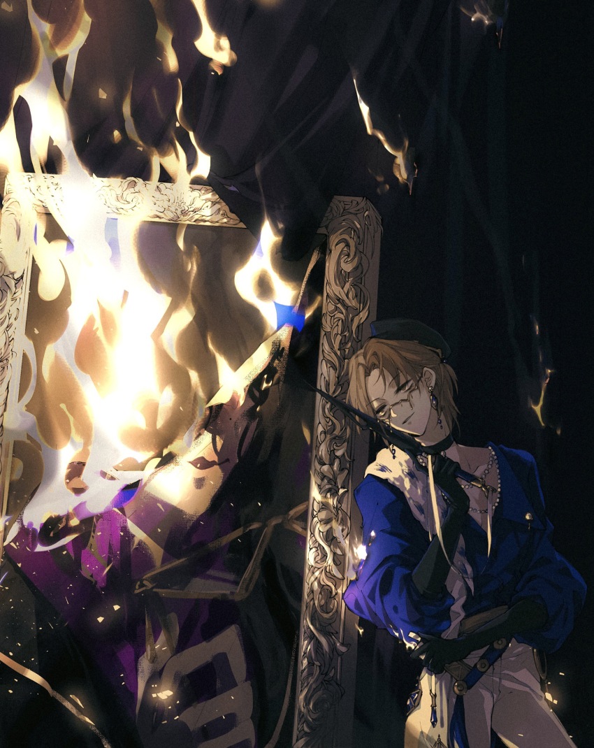 1girl, bead_necklace, beads, belt, black_gloves, blue_hat, blue_shirt, brown_hair