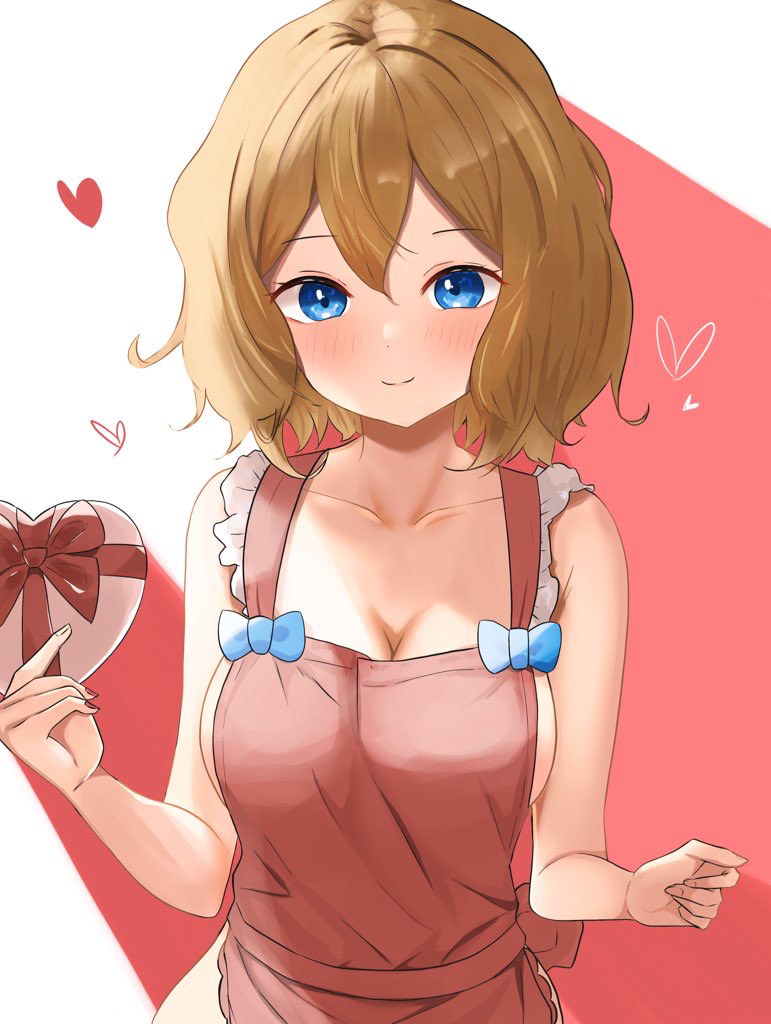 1girl, apron, bare_arms, blonde_hair, blue_bow, blue_eyes, blush, bow