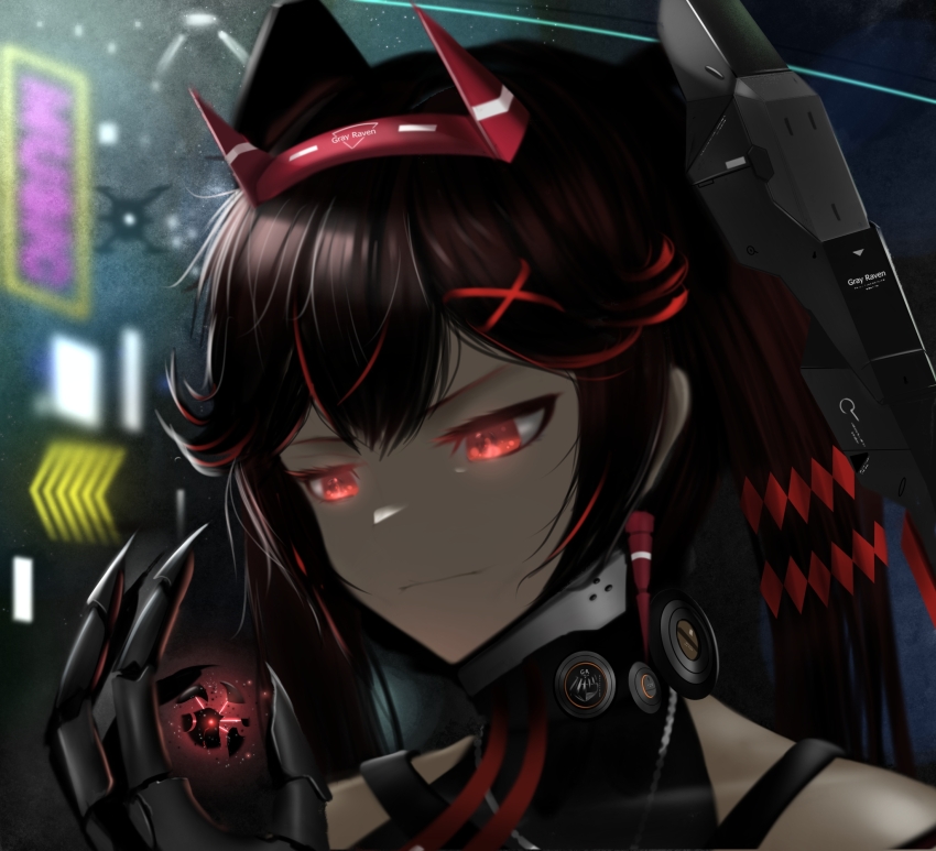 1girl, bare_shoulders, black_dress, black_hair, closed_mouth, cyberpunk, dress, earrings