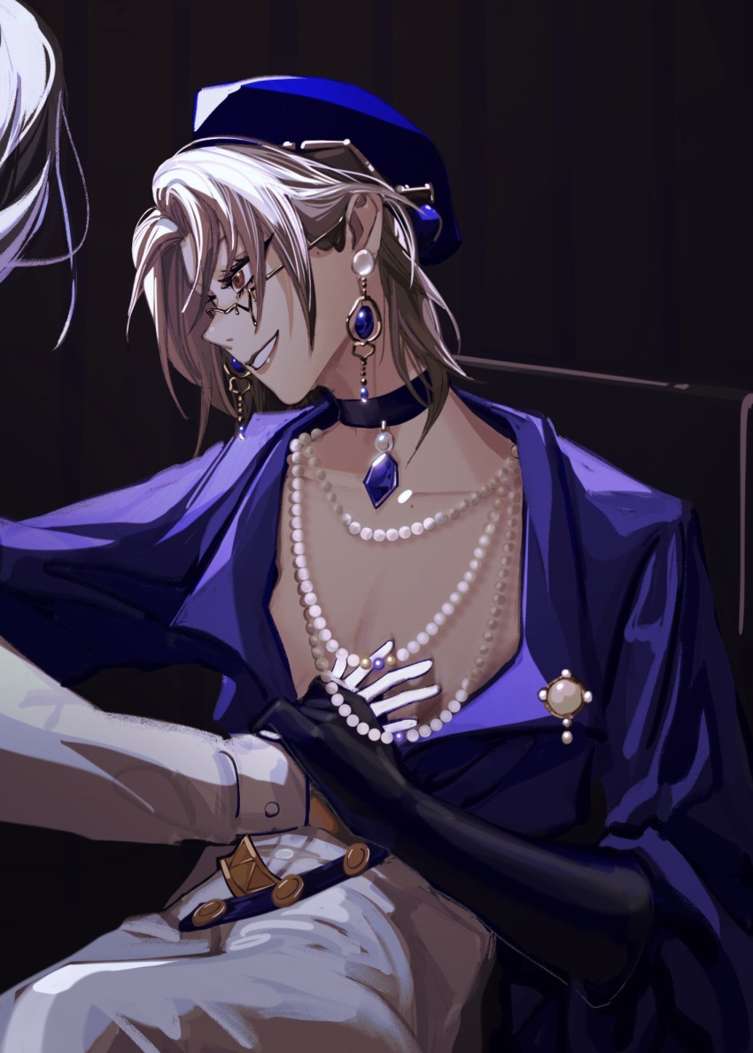 1girl, bead_necklace, beads, belt, black_gloves, blue_gem, blue_headwear, blue_shirt, breasts, brooch, brown_eyes, choker, cleavage, collarbone, earrings, eyelashes, gem, gloves, grabbing_another's_breast, grey_hair, grin, groping, guided_breast_grab, guiding_hand, hair_behind_ear, hand_on_another's_chest, hat, highres, jewelry, long_sleeves, looking_at_another, looking_away, mcqueen_(path_to_nowhere), medium_breasts, necklace, out_of_frame, pants, partially_undressed, path_to_nowhere, pearl_necklace, pendant, profile, shirt, short_hair, sitting, smile, solo_focus, white_hair, white_pants, xxxcxxxboom