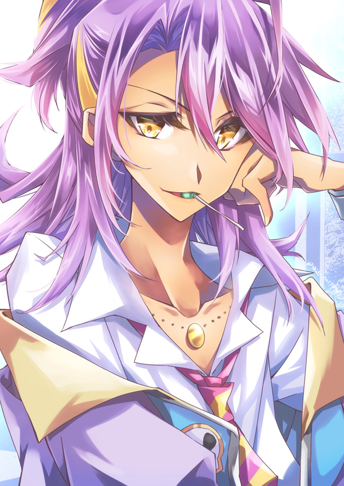1boy, bracelet, cygames, food, gold, hand_on_own_face, hazeura_haruma_(shadowverse_flame), jacket, jewelry, long_hair, necklace, necktie, open_clothes, open_jacket, purple_hair, shadowverse, shadowverse_(anime), shadowverse_flame, shide13102, shirt, simple_background, skull, smirk, sweets, white_shirt, wrinkled_fabric, yellow_eyes