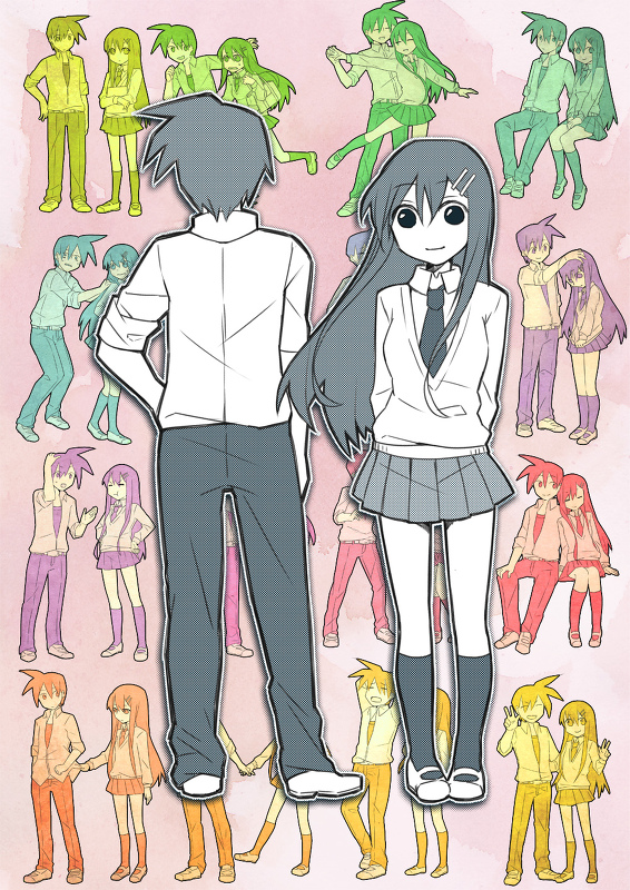 1boy, 1girl, akasaka_(futari.), futari., hair_ornament, hairclip, kneehighs, long_hair