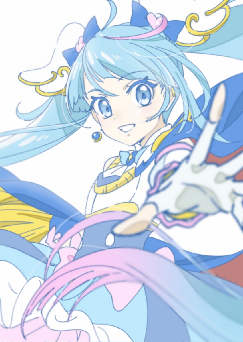 1girl, ahoge, blue_eyes, blue_hair, bow, brooch, cape, cure_sky