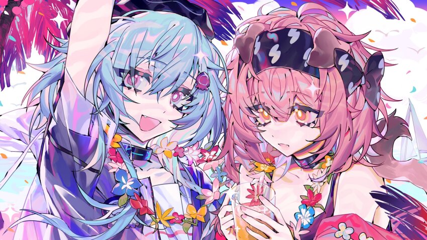 1boy, 1girl, animal_ears, arknights, black_bow, black_hairband, blue_headwear, bow