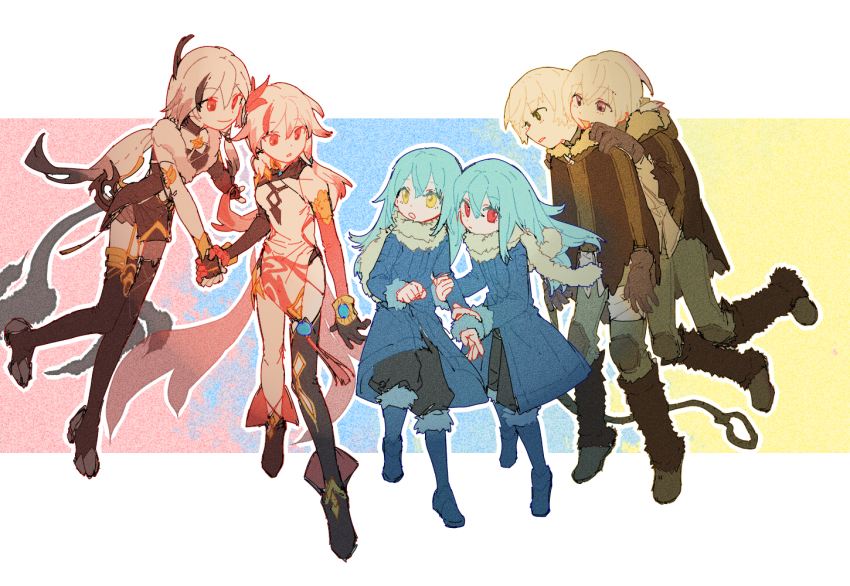 2boys, 2girls, 2others, ankle_boots, arm_grab, bandaged_leg, bandages, black_dress