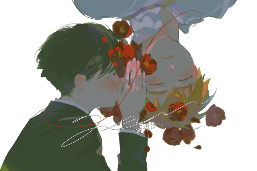 2boys, bowl_cut, facing_viewer, flower, gakuran, hand_up, highres, kageyama_shigeo, long_sleeves, looking_at_another, looking_away, male_focus, mob_psycho_100, multiple_boys, petals, portrait, profile, red_flower, reigen_arataka, ruilibing, school_uniform, short_hair, signature, simple_background, string, upside-down, whispering, white_background