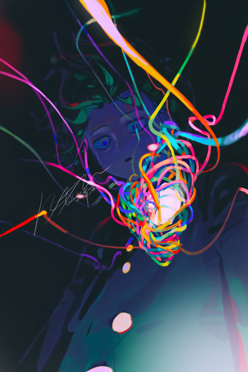 1boy, arms_at_sides, black_background, blue_eyes, bowl_cut, colorful, floating_hair, from_below, gakuran, glowing, green_hair, highres, kageyama_shigeo, long_sleeves, looking_down, male_focus, mob_psycho_100, procreate_(medium), ruilibing, school_uniform, short_hair, signature, simple_background, solo, string, surprised, unraveling, upper_body, wide-eyed