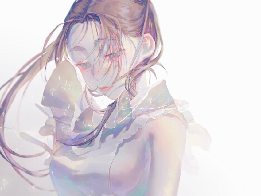 1girl, bare_shoulders, blue_eyes, breasts, crescent, crescent_facial_mark, facial_mark, floating_clothes