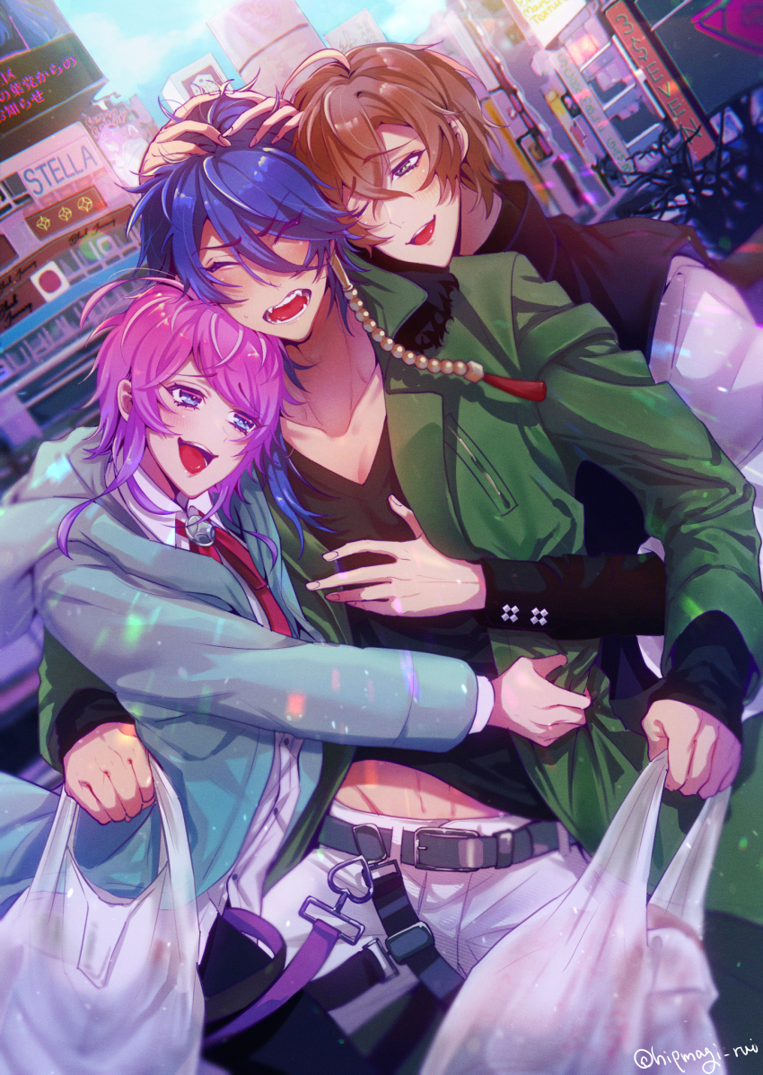 3boys, amemura_ramuda, arisugawa_dice, blue_eyes, blush, brown_hair, closed_eyes, facing_viewer