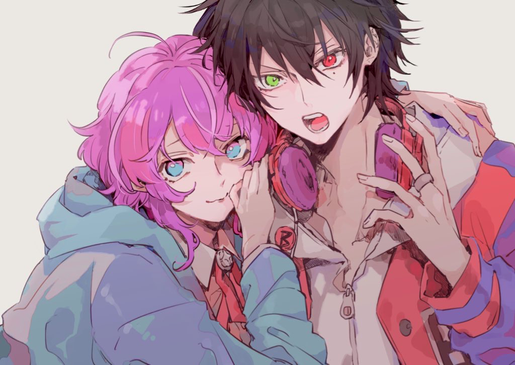 2boys, ahoge, amemura_ramuda, black_hair, blue_eyes, blue_hoodie, green_eyes, headphones